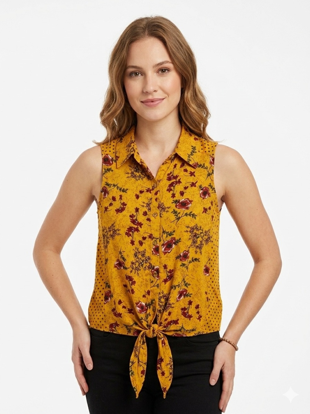 No Boundaries Mustard Floral Tie-Front Camisole